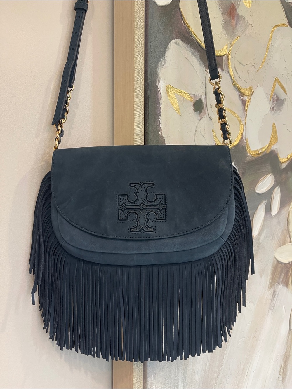 Tory Burch Navy Suede Fringe Leather Crossbody